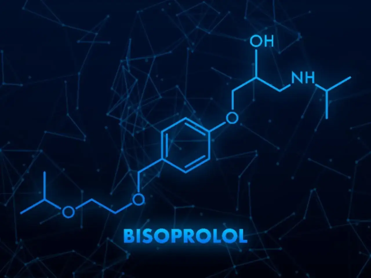 Struktura chemiczna bisoprololu na ciemnym tle z siecią połączeń.