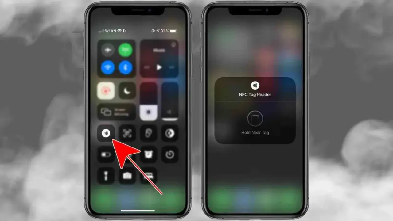iPhone z włączonym NFC. Na jednym ekranie widać centrum sterowania z ikoną NFC, na drugim komunikat 