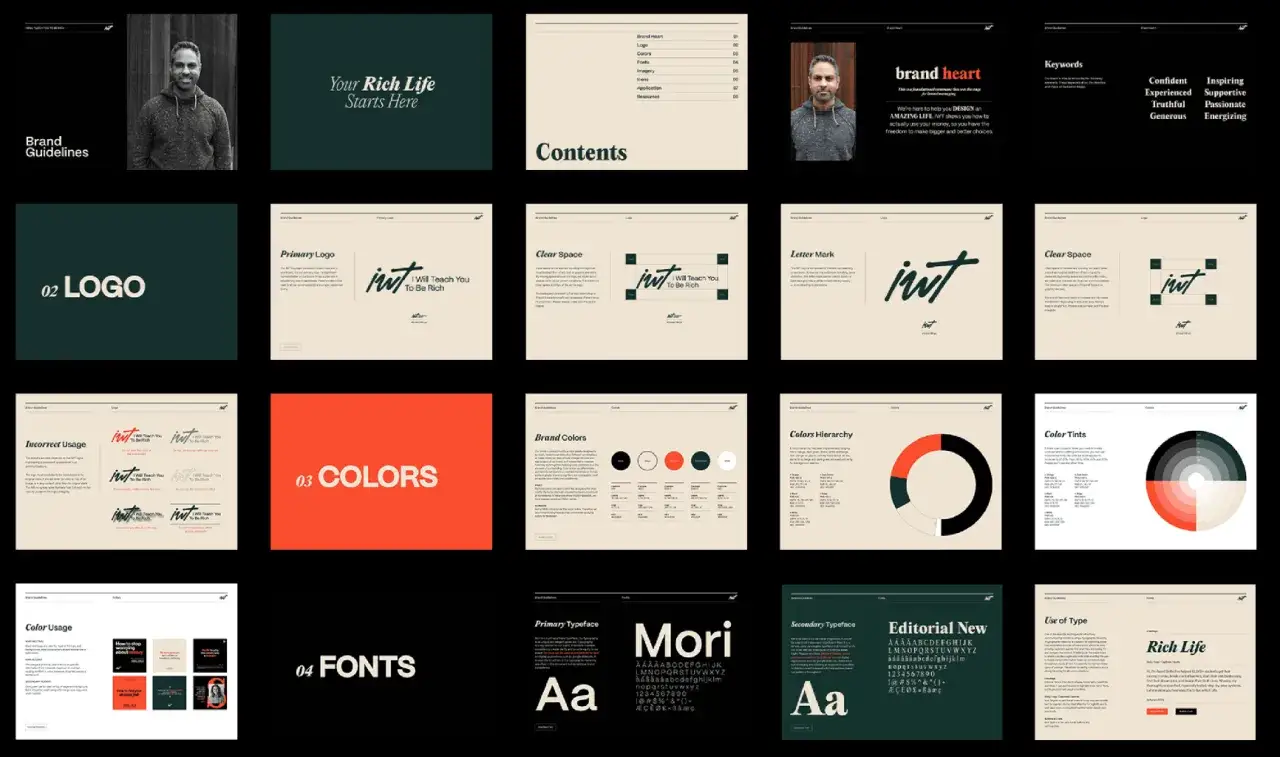 A brand bible showcasing logo, colors, fonts, and brand heart for 