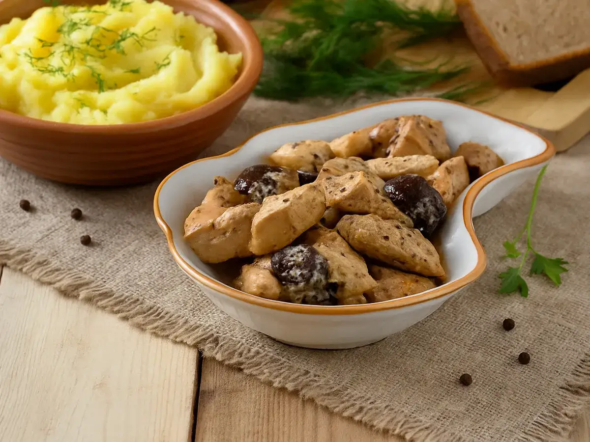 Un plat de lapin aux pruneaux, servi avec une pur&eacute;e de pommes de terre onctueuse et du pain frais.