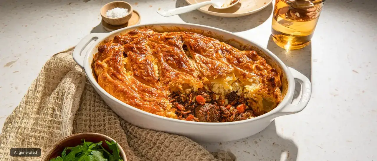 Herzhaftes Steak Pie mit goldbrauner Kruste, gefüllt mit zartem Fleisch und Gemüse. Ein Genuss für jeden Anlass.