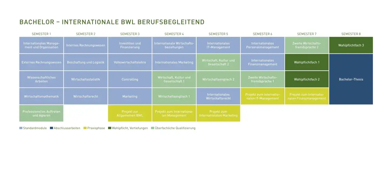 Der Studienplan f&uuml;r den berufsbegleitenden Bachelor Internationale BWL zeigt Module wie Management, Rechnungswesen, Marketing und die Bachelor-Thesis.