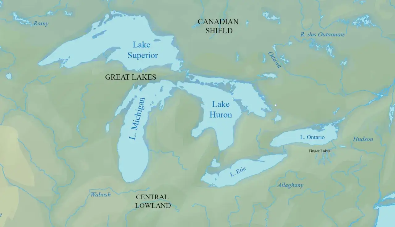 Mapa krainy wielkich jezior: Jezioro Górne, Huron, Michigan, Erie i Ontario. Widoczne też rzeki Ottawa, Wabash, Allegheny i Hudson.