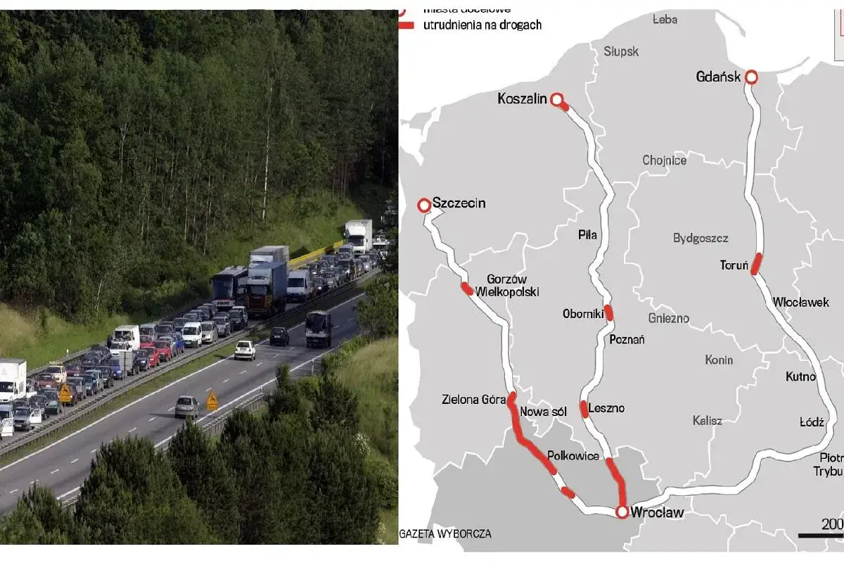 Korek na autostradzie, mapa Polski z zaznaczonymi utrudnieniami. Szukamy najkrótsza trasa nad morze, ale utrudnienia mogą ją wydłużyć.