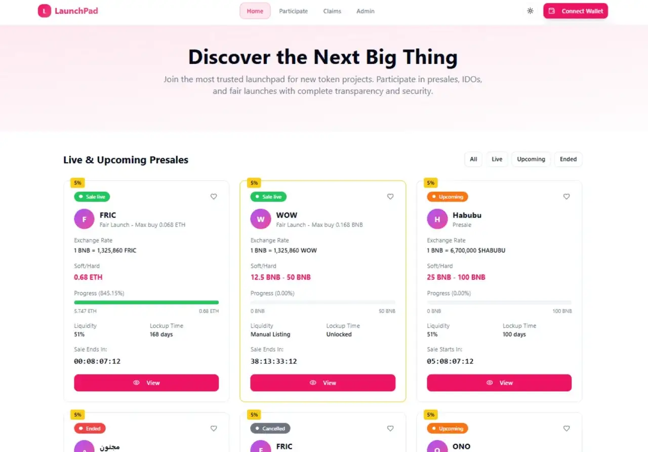 Strona gł&oacute;wna Binance Launchpad prezentuje projekty token&oacute;w w przedsprzedaży, w tym FRIC i WOW.