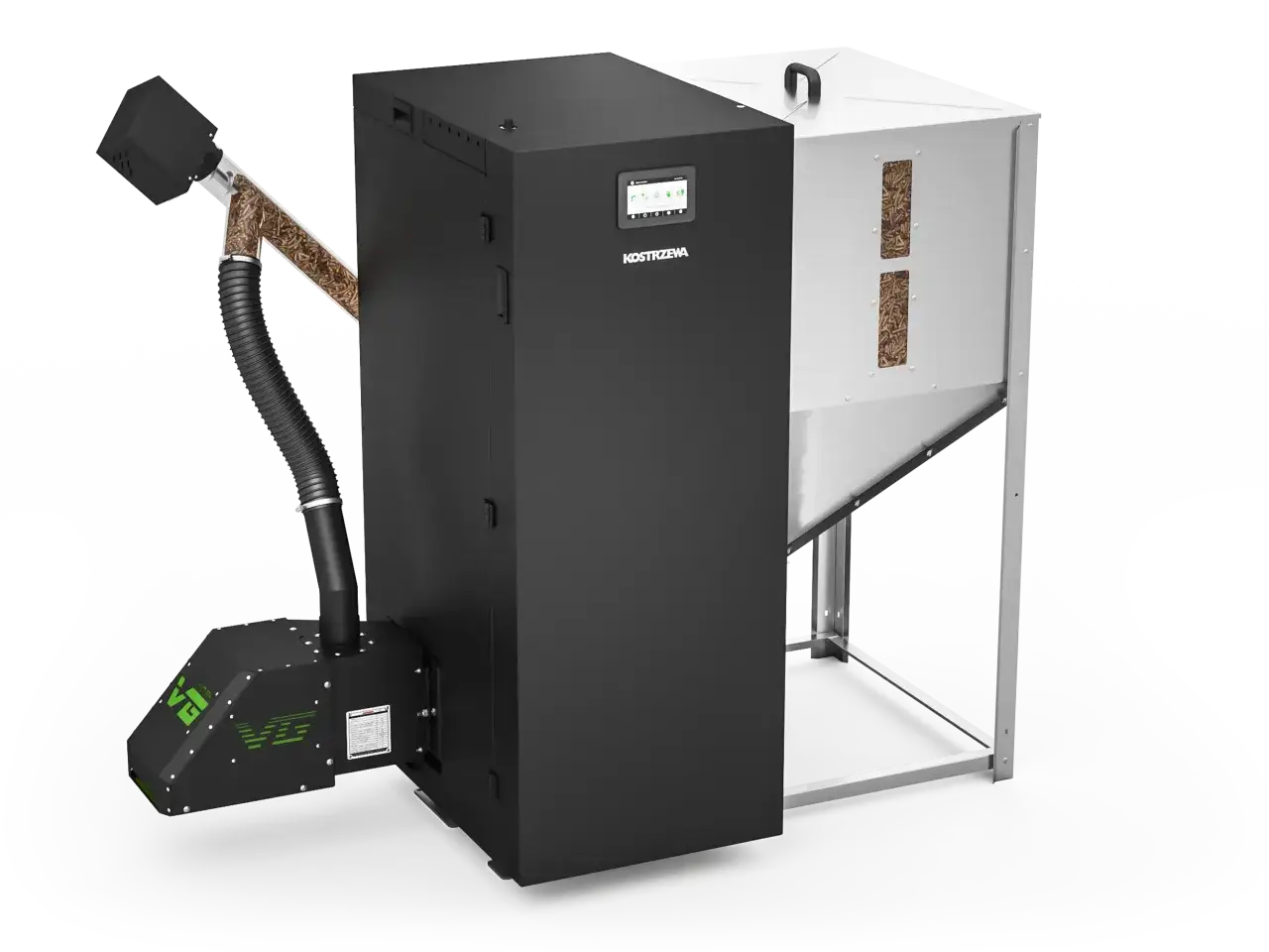 Nowoczesny kocioł na pellet o mocy 50 kW z zasobnikiem i automatycznym podajnikiem. Efektywne i ekologiczne ogrzewanie.