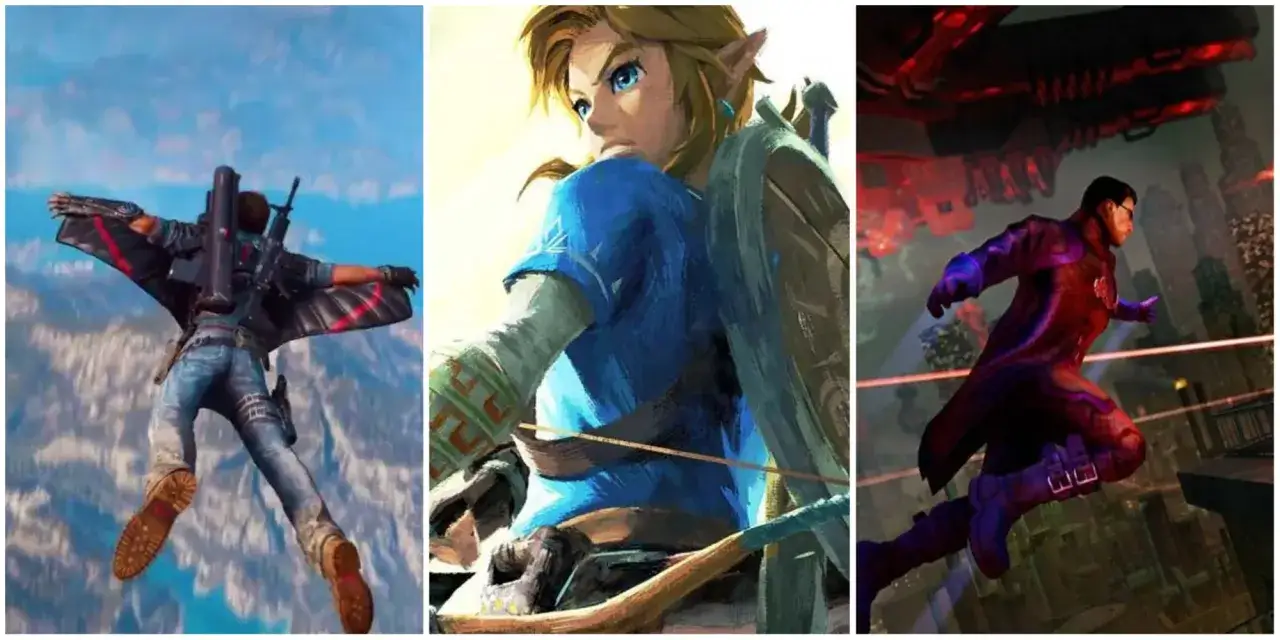 Skoczek w wingsuicie z Just Cause 5, Link z gry Zelda i bohater z gry Saints Row biegną przez miejskie krajobrazy.