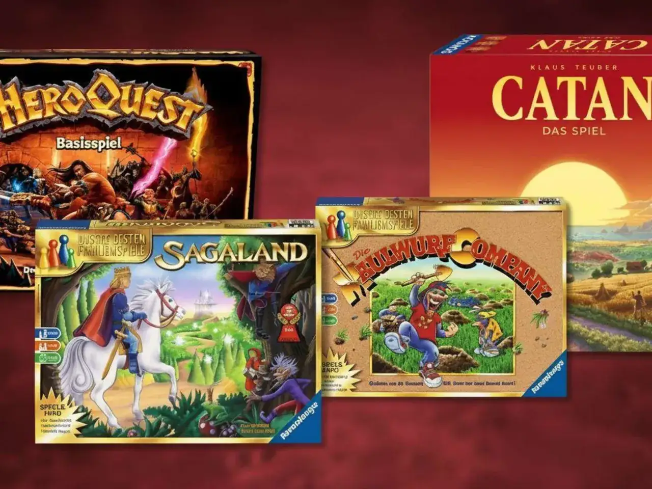 Vier beliebte deutsche Brettspiele: HeroQuest, Sagaland, Die Maulwurf Company und Catan.
