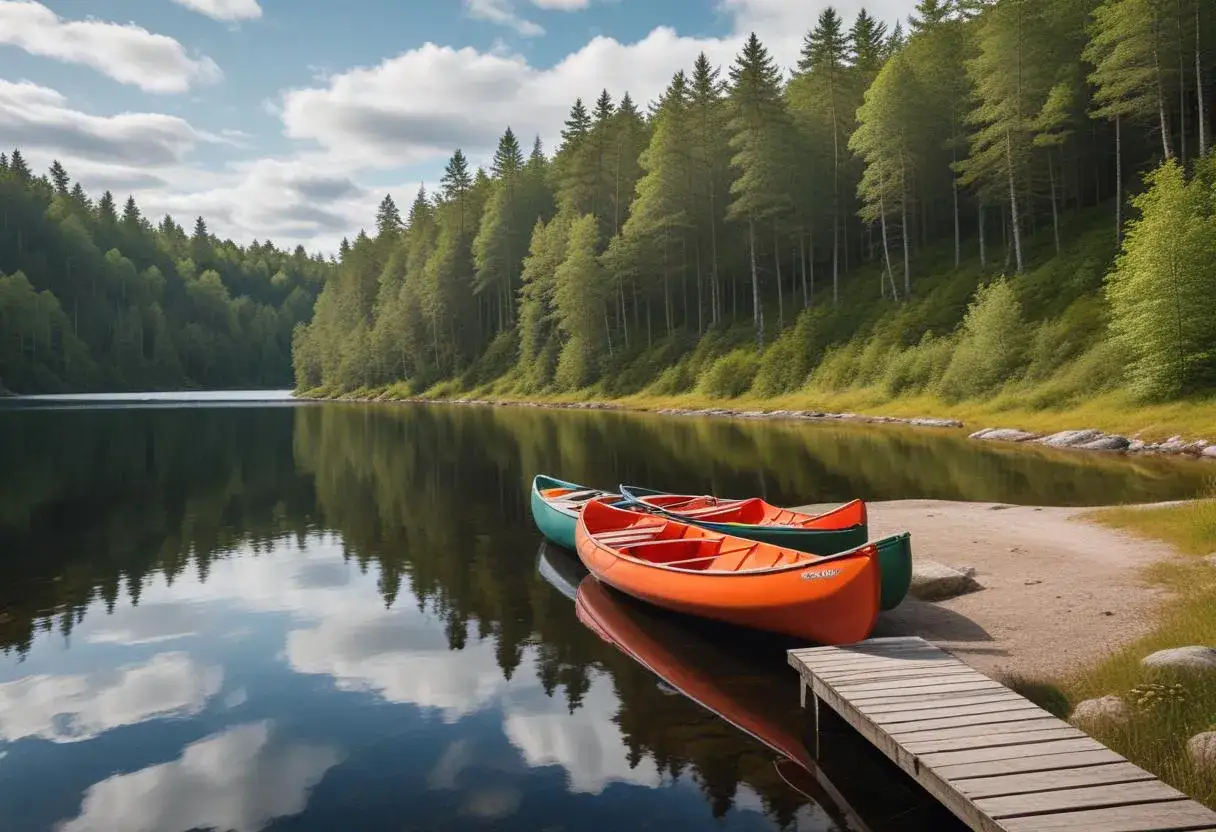 Tv&aring; kanoter, en orange och en gr&ouml;n, ligger vid en brygga vid flottarleden i Munkedal. Speglingar i vattnet och en t&auml;t skog.