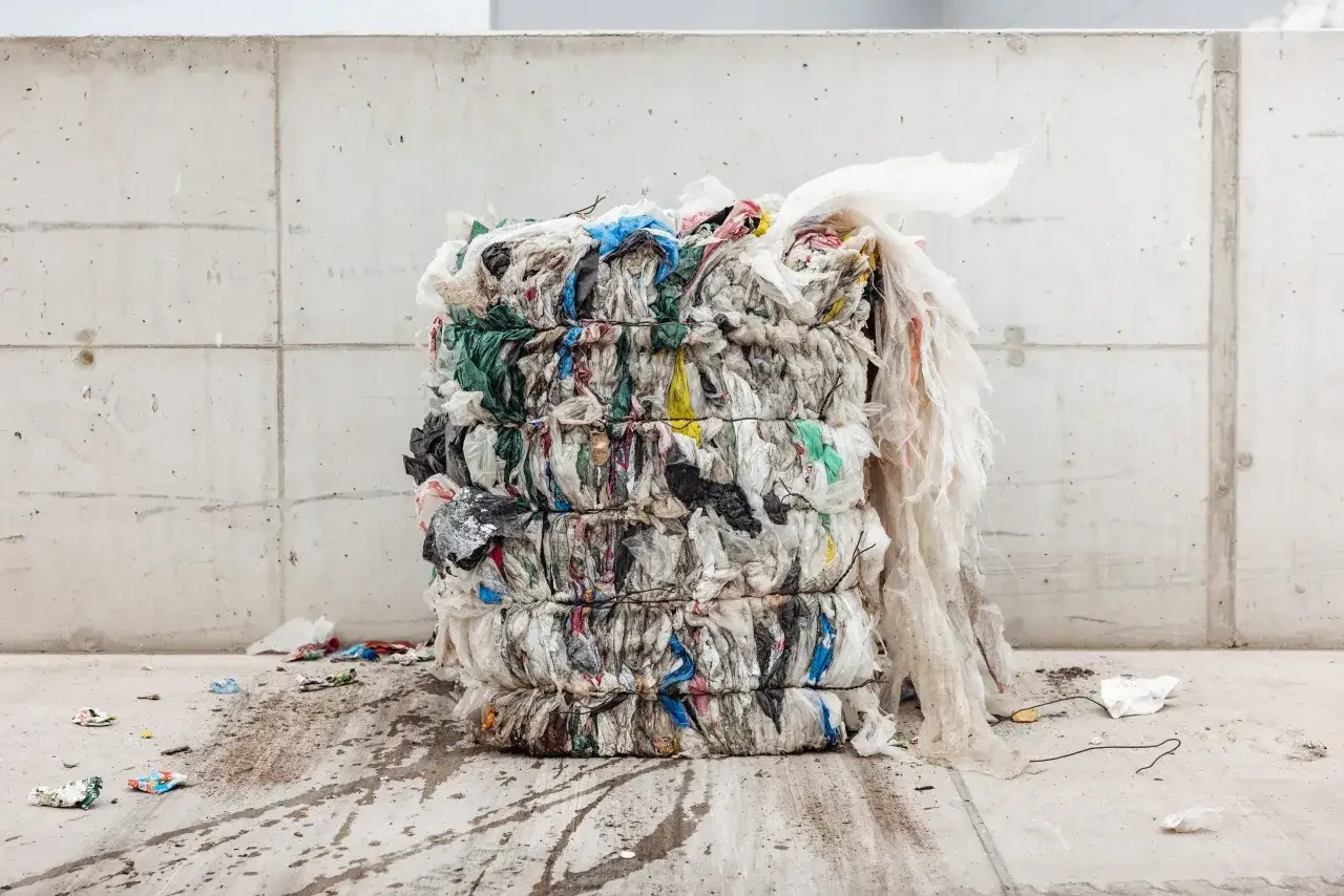 Skompresowana kostka surowców wtórnych, głównie plastiku, czeka na przetworzenie.
