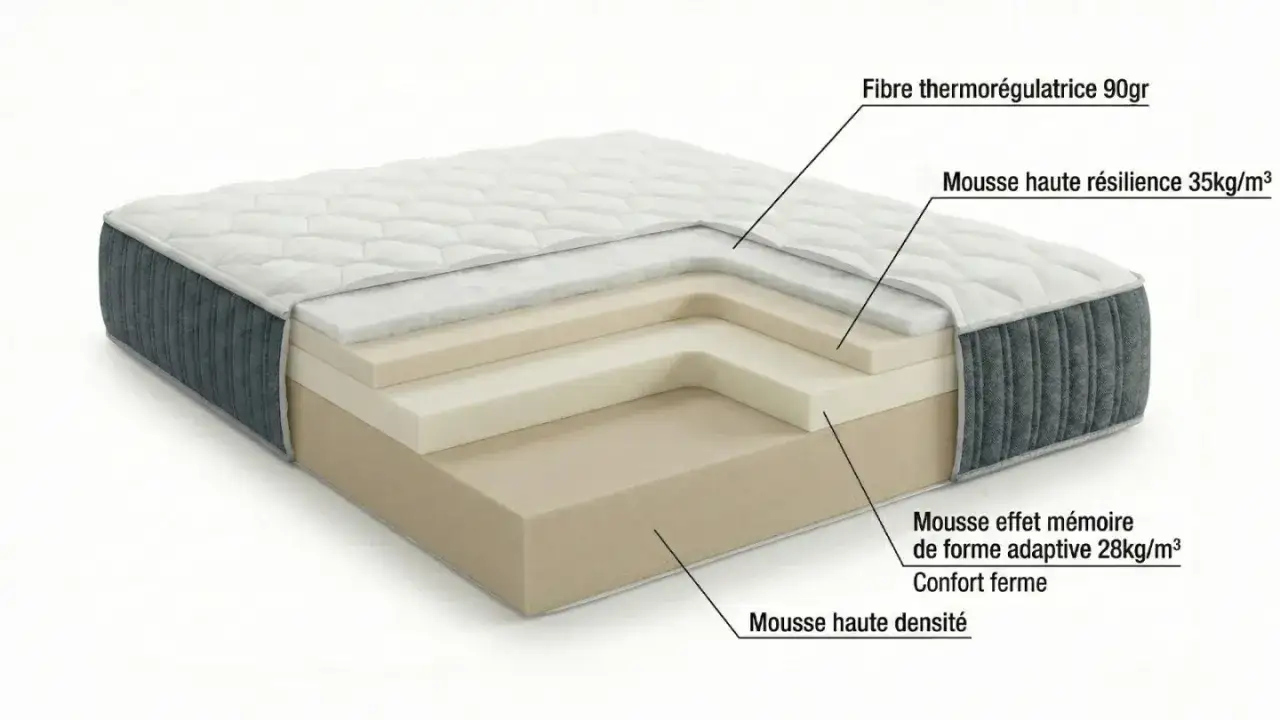 Coupe d'un matelas montrant ses couches : fibre thermorégulatrice, mousse haute résilience 35kg/m³, mousse mémoire de forme et mousse haute densité pour un confort ferme.