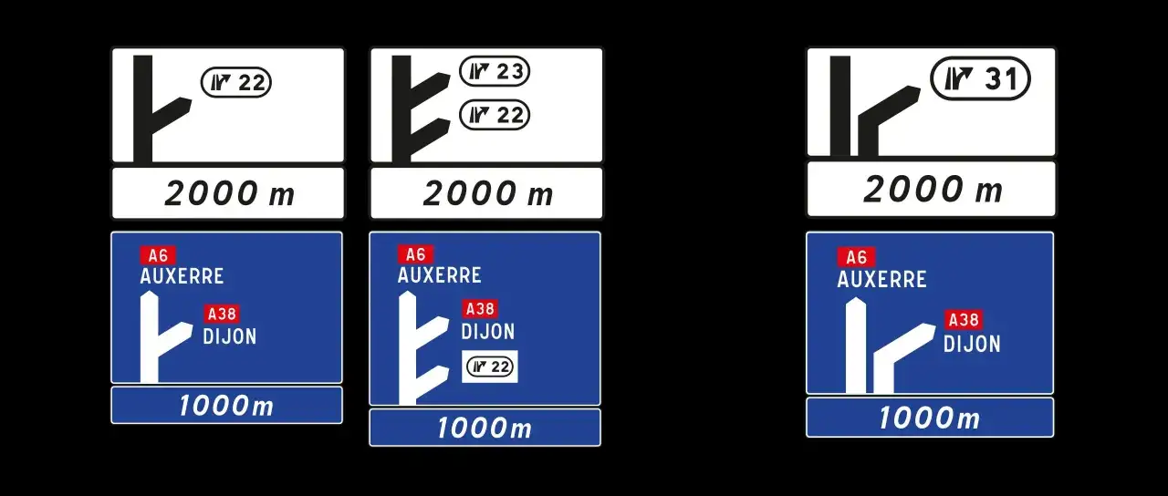 Panneaux routiers indiquant une voie d'acc&eacute;l&eacute;ration et de d&eacute;c&eacute;l&eacute;ration, avec destinations et distances.