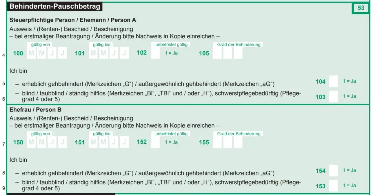 Antrag auf behinderten-pauschbetrag monatlich. Formular zur Angabe von Behinderungsgraden f&uuml;r Person A und B.
