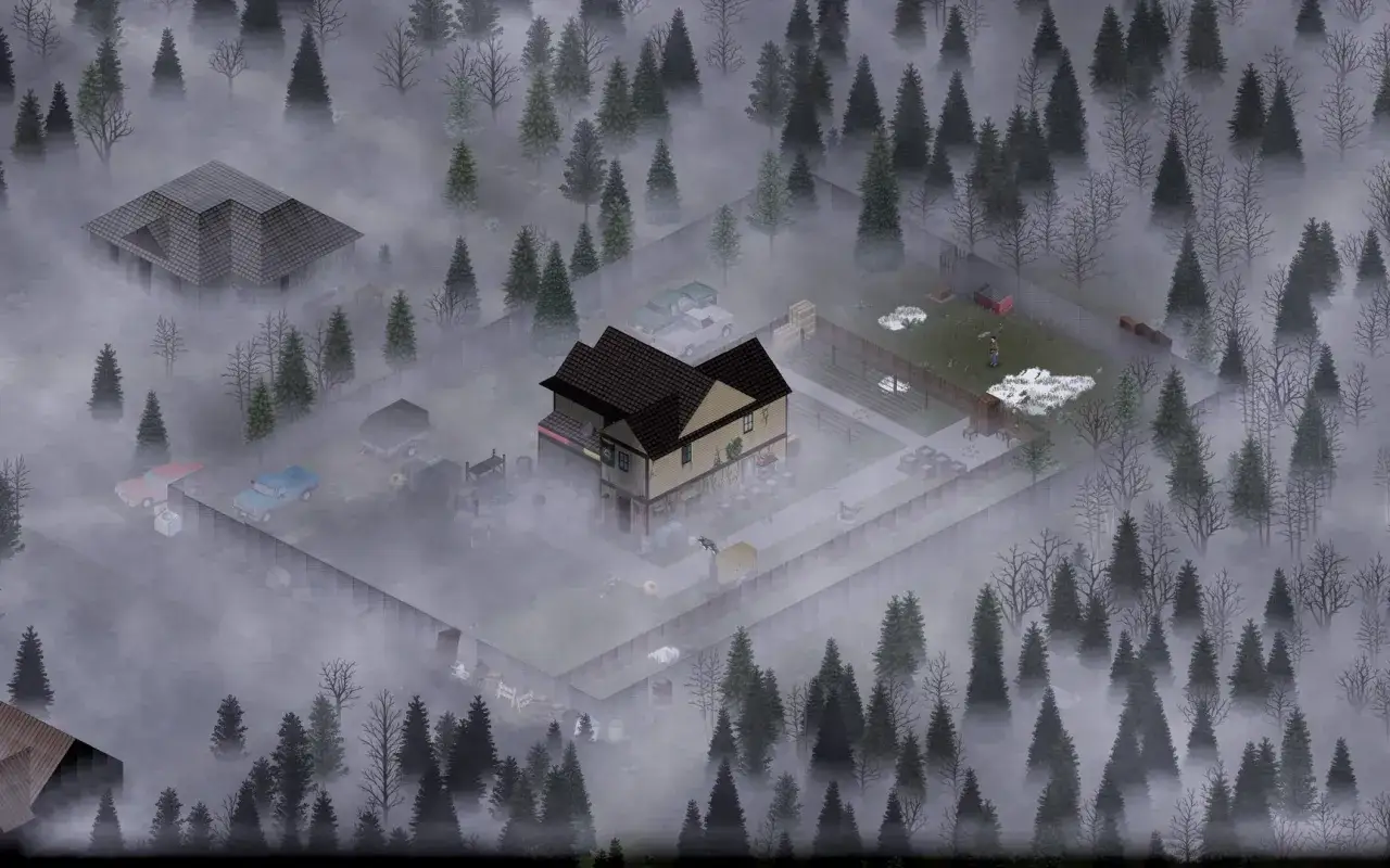 Mglisty krajobraz z domami i samochodami, idealny do gry Project Zomboid. Wymagania sprzętowe gry są niskie, więc możesz cieszyć się rozgrywką nawet na starszym komputerze.