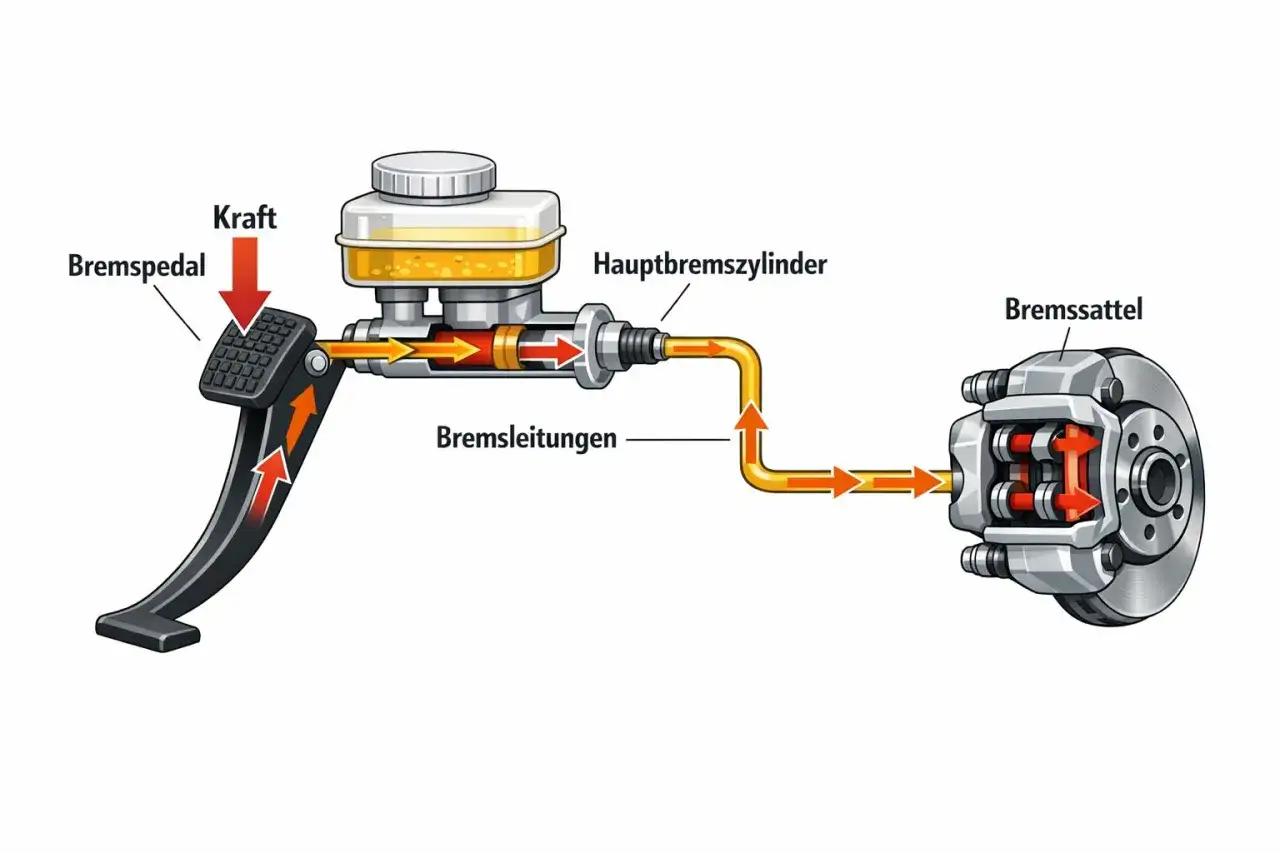 Schema zeigt, welches Bremssystem dein Auto hat: Bremsbetätigung über Pedal, Hauptbremszylinder, Leitungen und Bremssattel.