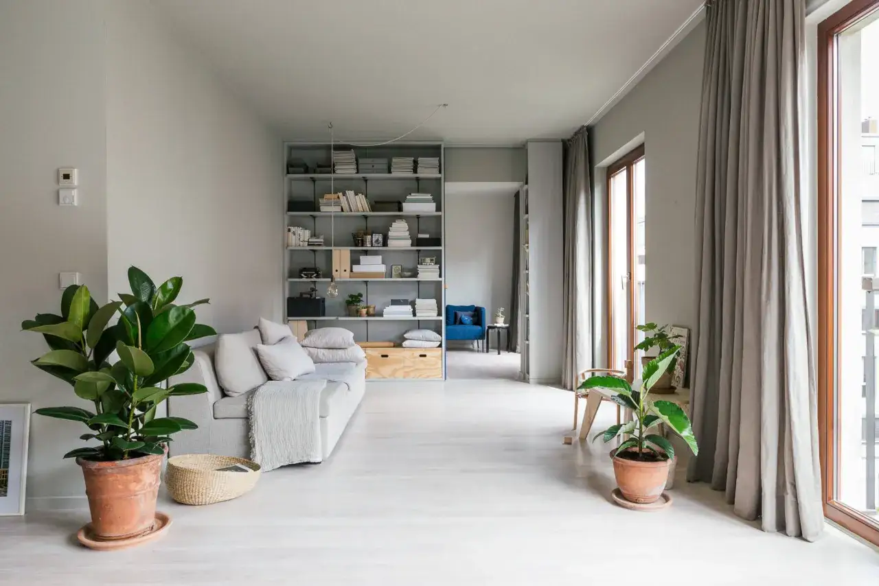 Grauer Vorhang, Farbe und Wirkung: Helle, neutrale Töne schaffen eine ruhige Atmosphäre im Wohnzimmer mit Sofa, Regal und Pflanzen.