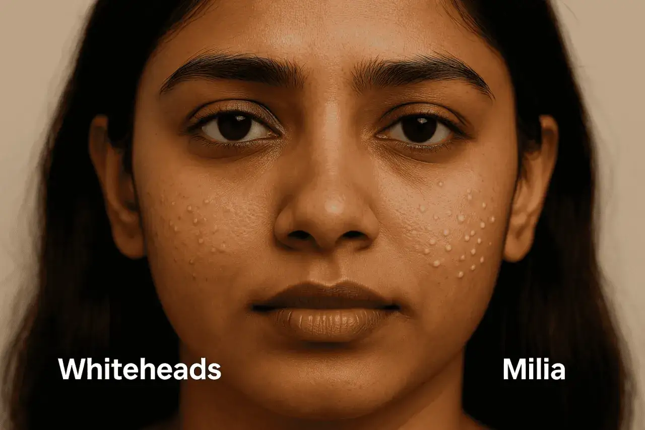 Close-up of a young woman's face showing small white bumps on her cheeks, labeled 