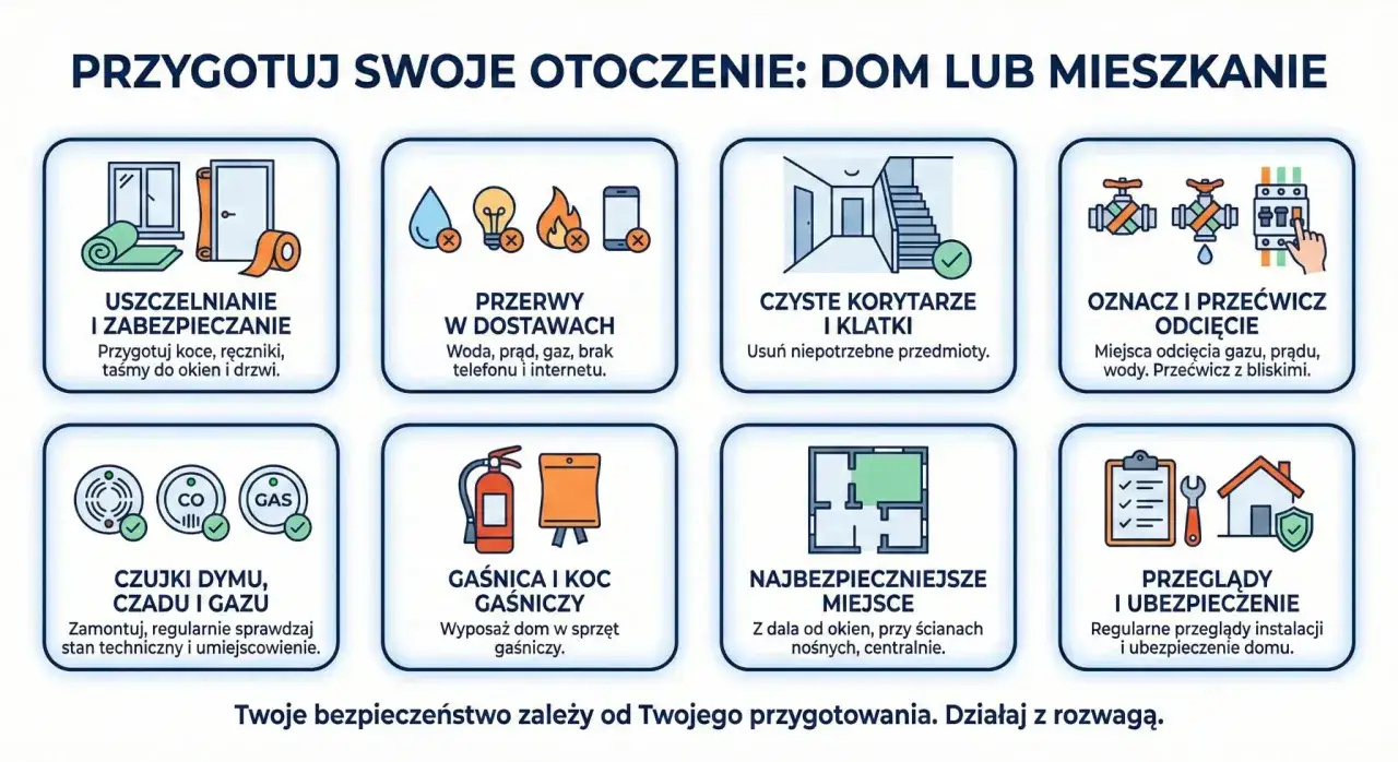 Grafika pokazuje jak przygotować dom na wypadek przerw w dostawach prądu, gazu i wody. Wskazuje na uszczelnianie, czyste klatki, oznaczenie odcięć, czujniki, gaśnicę, bezpieczne miejsce i przeglądy.