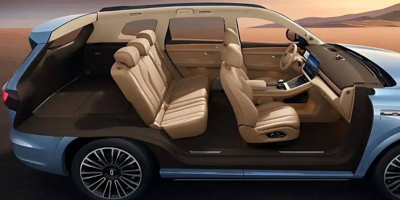 Intérieur spacieux d'un SUV bleu clair, avec des sièges en cuir beige, un tableau de bord moderne et un grand coffre. Le SUV le plus fiable pour vos aventures.