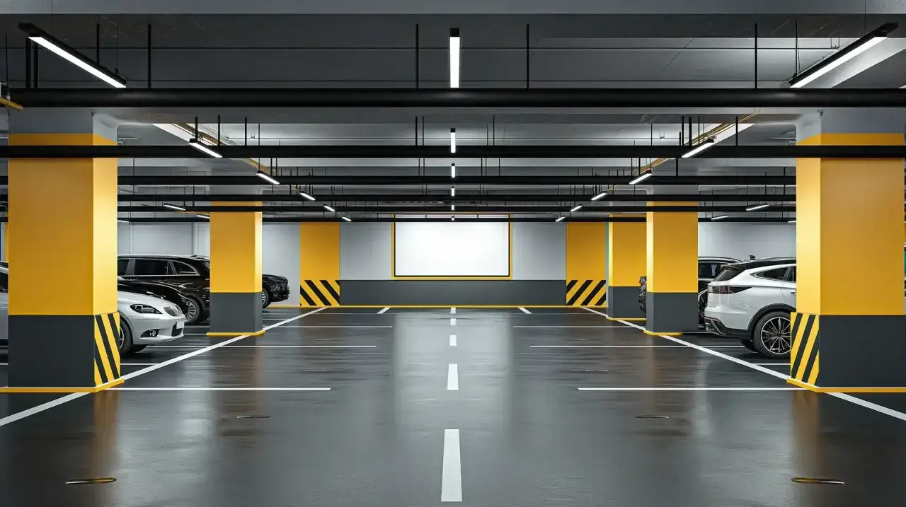 Nowoczesny parking podziemny z żółtymi kolumnami. Zastanawiasz się, ile kosztuje miejsce parkingowe pod blokiem?