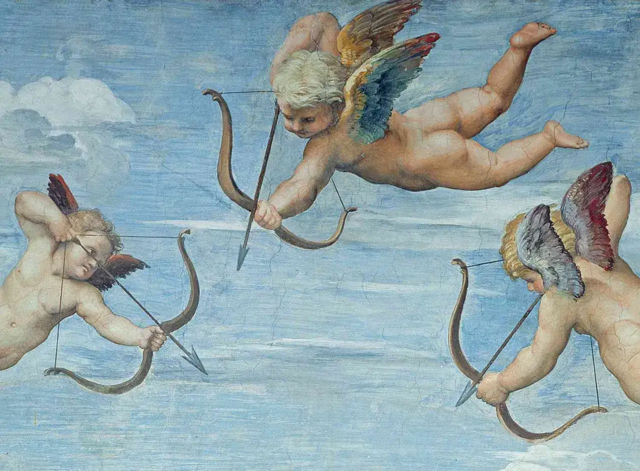 Drei gefl&uuml;gelte Putten mit B&ouml;gen und Pfeilen im Himmel. So sehen Engel wirklich aus, wenn sie Liebe verbreiten.