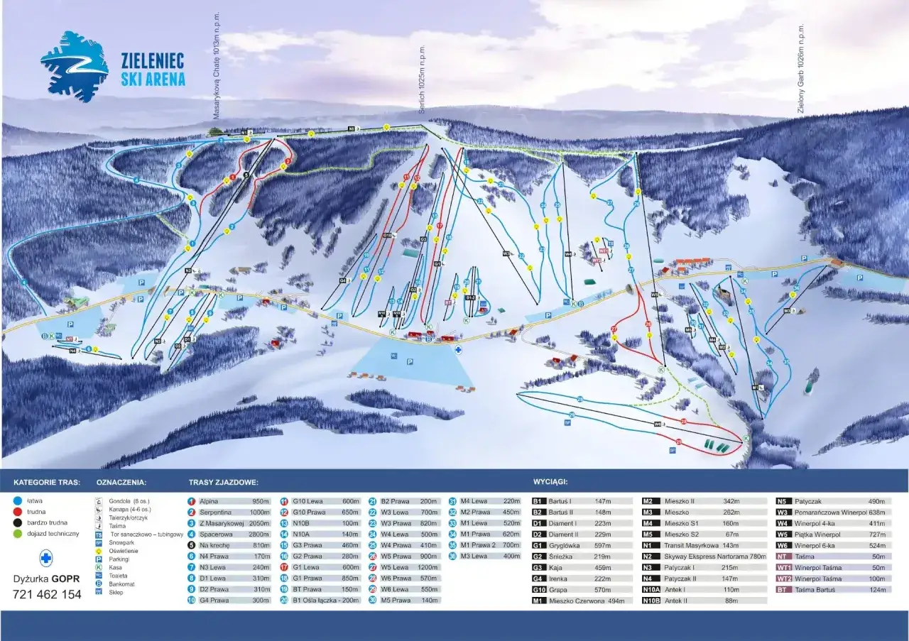 Mapa ośrodka Zieleniec Ski Arena z zaznaczonymi długimi łagodnymi stokami narciarskimi w Polsce.
