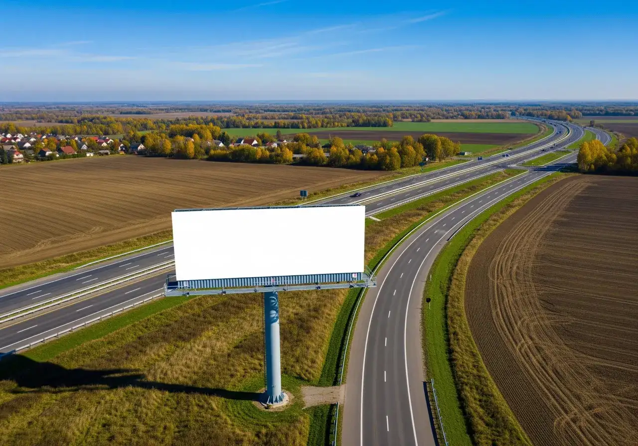 Ogromna, pusta reklama przy drodze na terenie prywatnym, obok autostrady i pól.