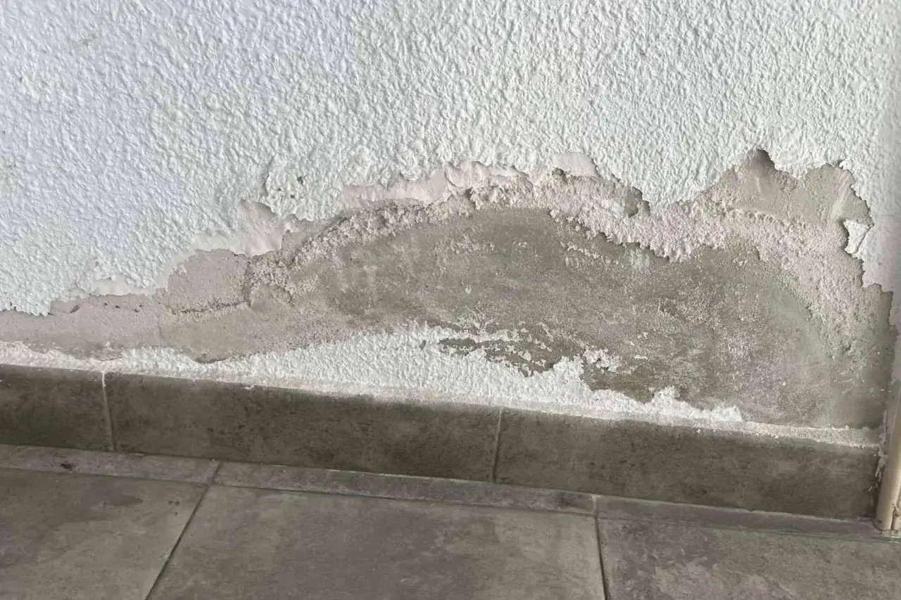 Pintura descascarada y concreto expuesto en una pared, indicando un problema de humedad. Aprende como quitar humedad de la pared.