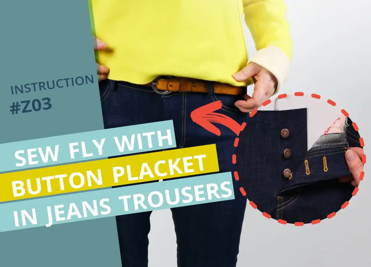 Instructional graphic showing how to sew a button placket on jeans trousers, with a close-up of buttons and buttonholes.