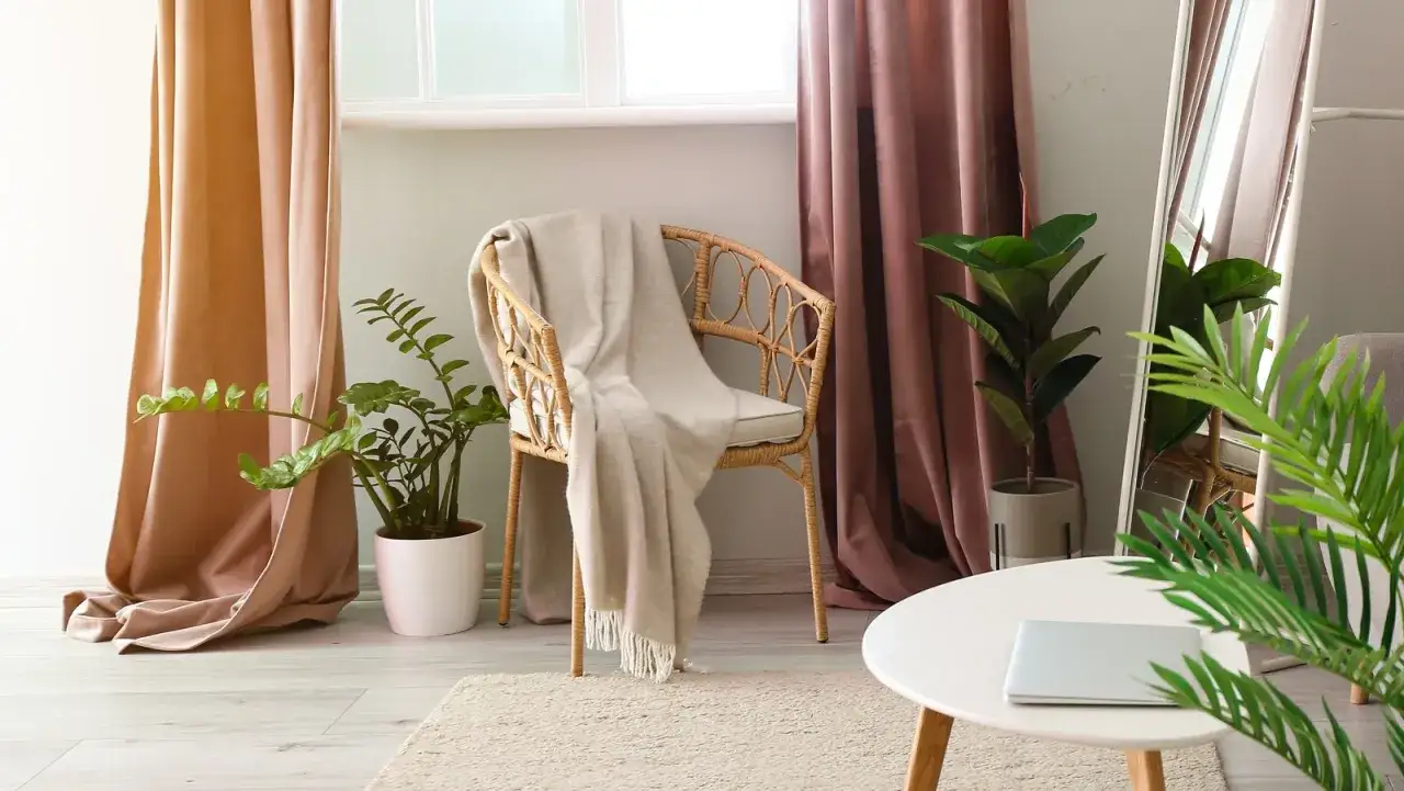 A cozy corner with a wicker chair draped in a blanket, flanked by pooled curtains in peach and rose hues. Plants add a touch of green.