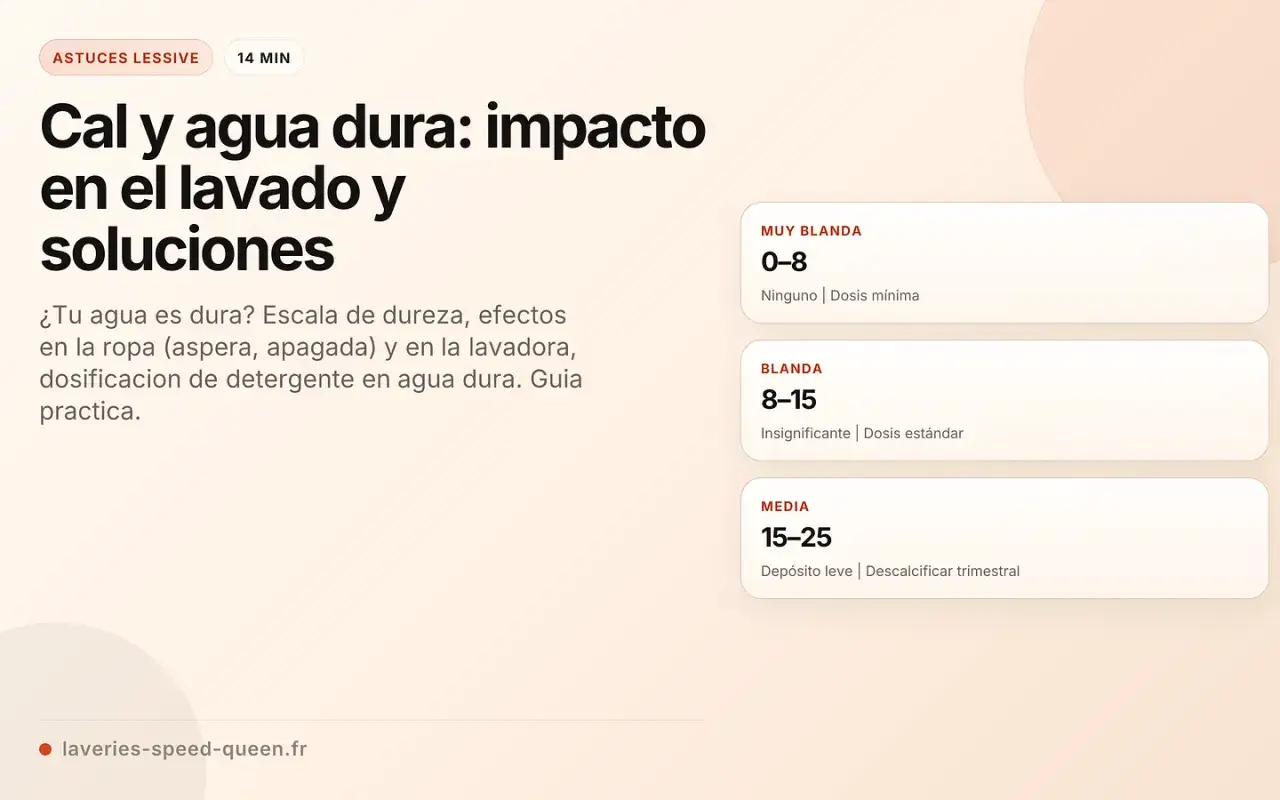 Escala de dureza del agua en España: muy blanda (0-8), blanda (8-15) y media (15-25). Impacto en el lavado y soluciones.
