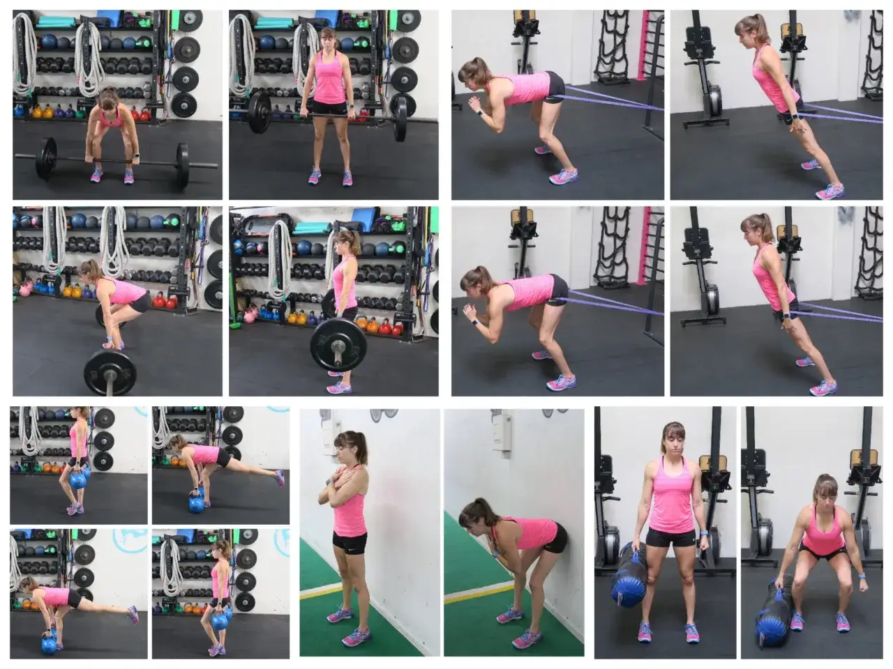 Różne rodzaje martwego ciągu: z sztangą, z taśmą oporową, z kettlebellami i z workiem treningowym.