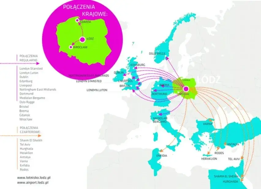 Mapa połączeń regularnych lotnisko Łódź
