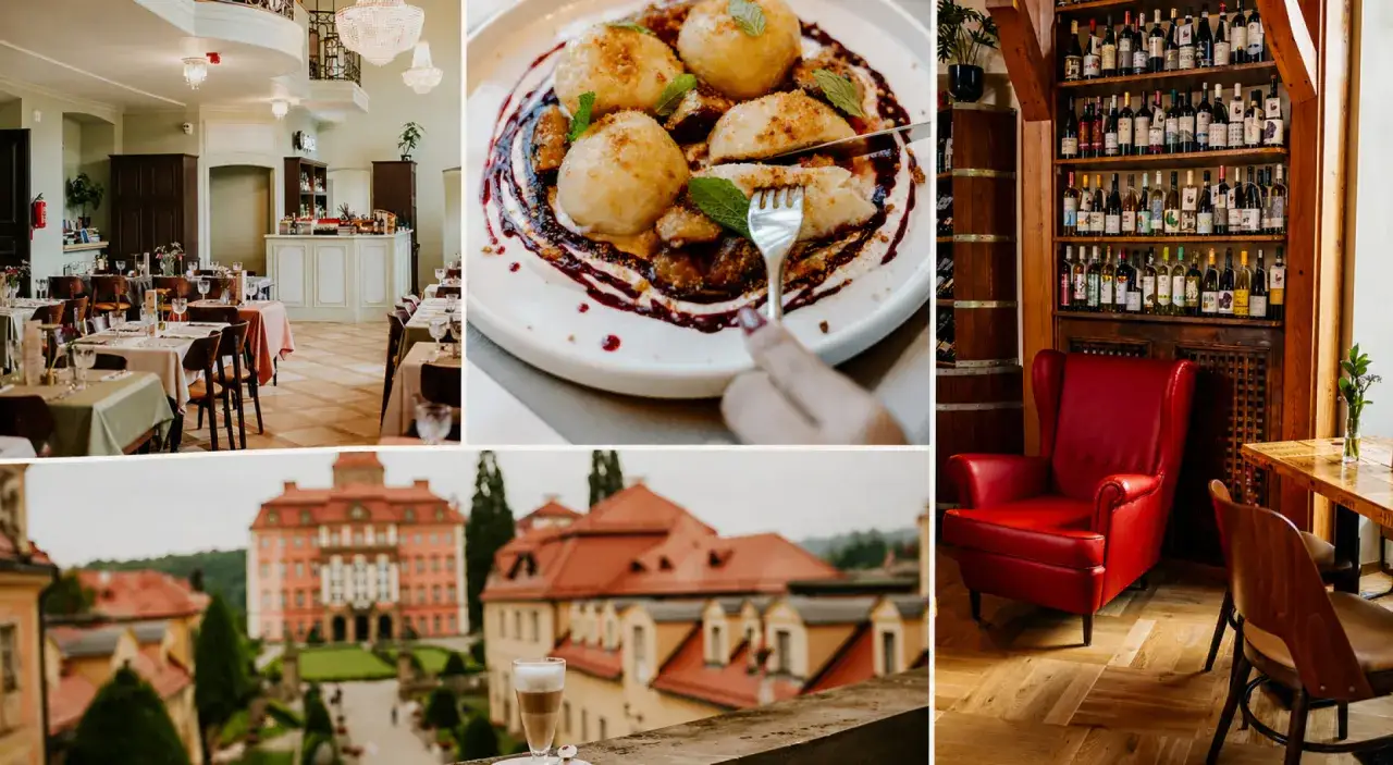 Urocza restauracja, danie z owocami, czerwony fotel i widok na zamek. Robert Makłowicz z pewnością by docenił te smaki i widoki.