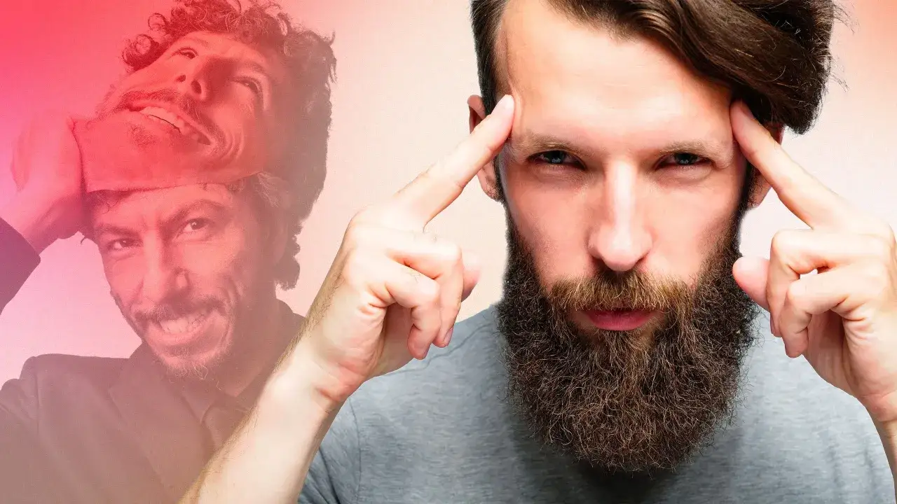 Un homme barbu se touche les tempes, son regard intense. Derrière lui, un visage masqué, suggérant un comportement d'homme qui cache quelque chose.