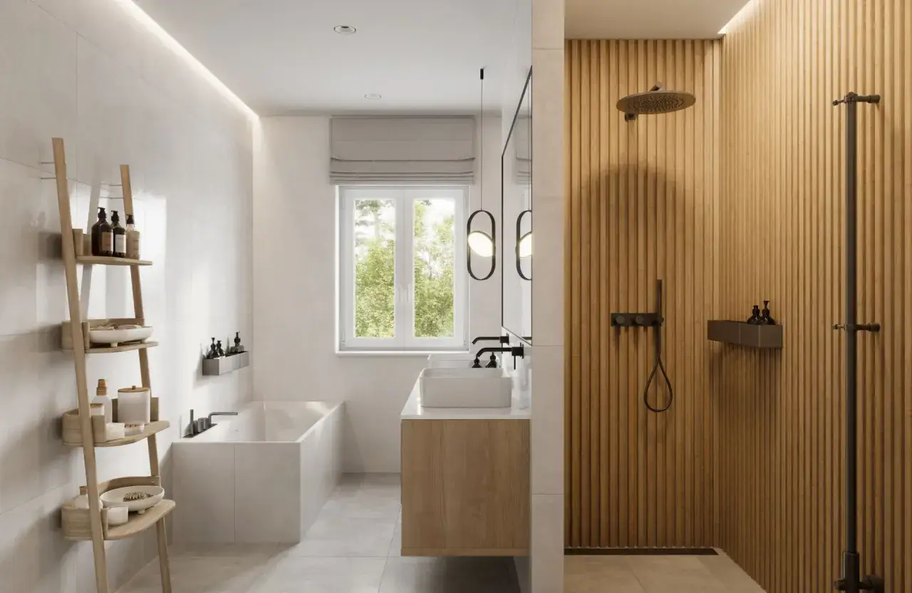 Salle de bain moderne avec baignoire, lavabo et douche. Le bois clair sur le mur de la douche est une couleur à éviter dans une salle de bain si l'on recherche un style épuré.