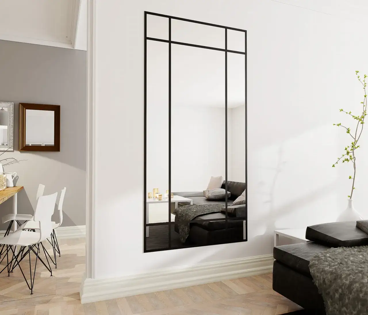 lustro ze szprosami inspiracje, lustro z kratą styl loft