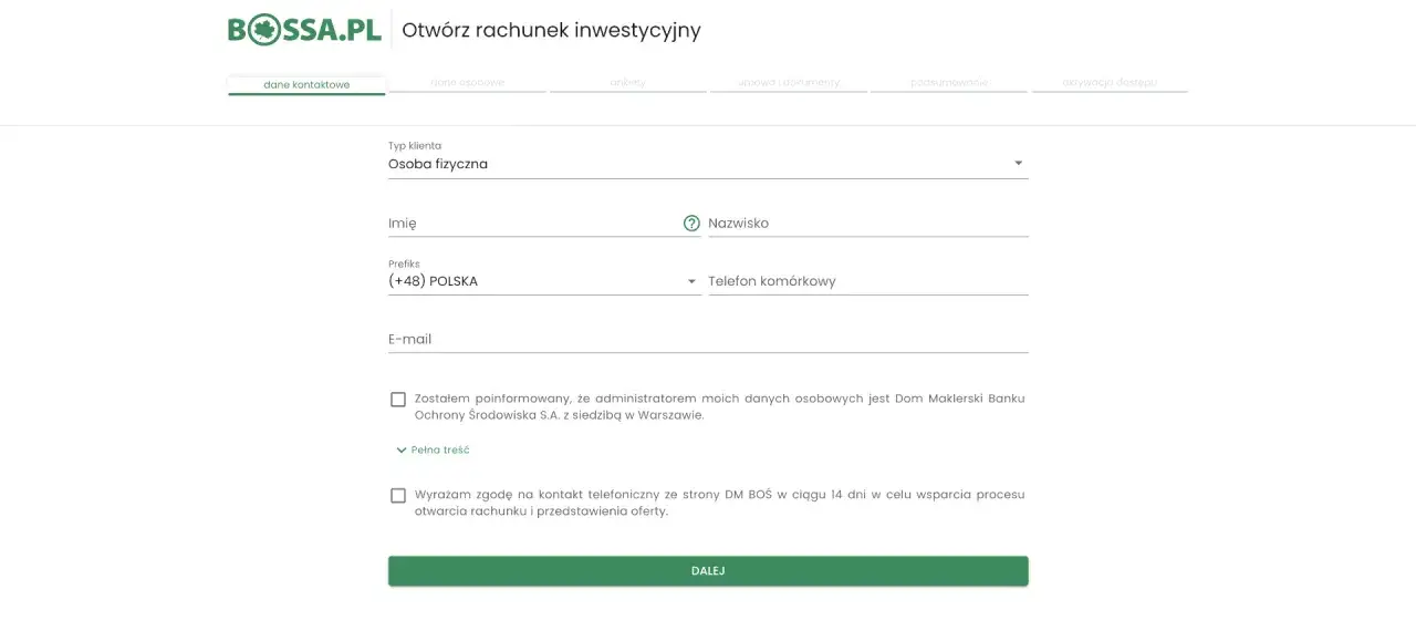 Formularz otwarcia rachunku inwestycyjnego w BOŚ. Wpisz dane kontaktowe, imię, nazwisko, telefon i e-mail.