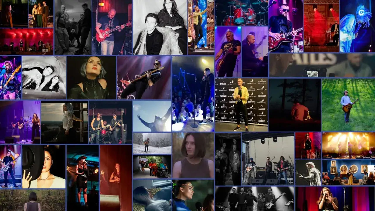 Kolaż zdjęć z koncertów i występów muzycznych, w tym zespołów rockowych.