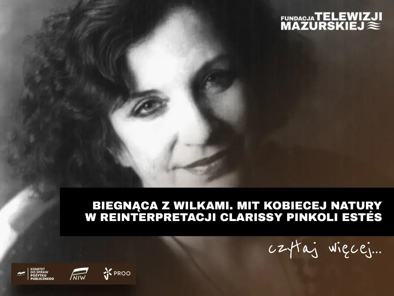 Portret kobiety z burzą ciemnych włosów, z tekstem