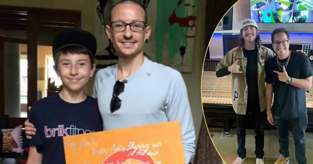 Chester Bennington z synem, trzymający plakat z tekstem piosenki. Po prawej dwaj mężczyźni w studiu nagraniowym.