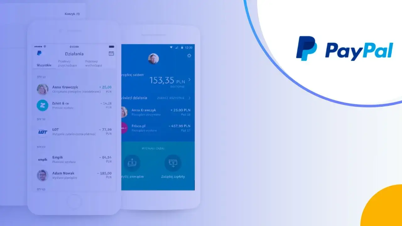 Aplikacja PayPal pokazuje, jak płacić PayPal w sklepie, prezentując historię transakcji i saldo.