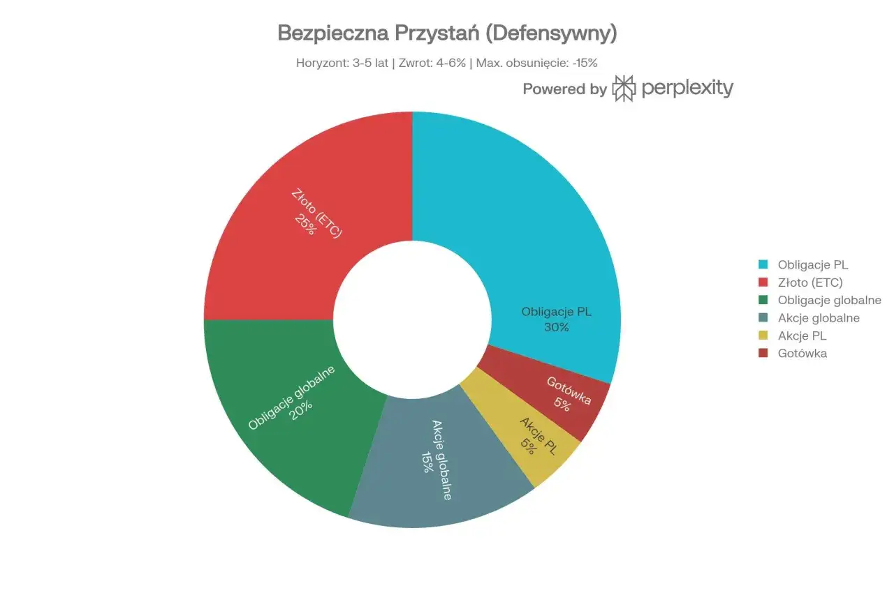 Wykres kołowy pokazuje, jaki ETF wybrać do portfela defensywnego: 30% obligacje PL, 25% złoto, 20% obligacje globalne, 15% akcje globalne, 15% akcje PL, 5% gotówka.