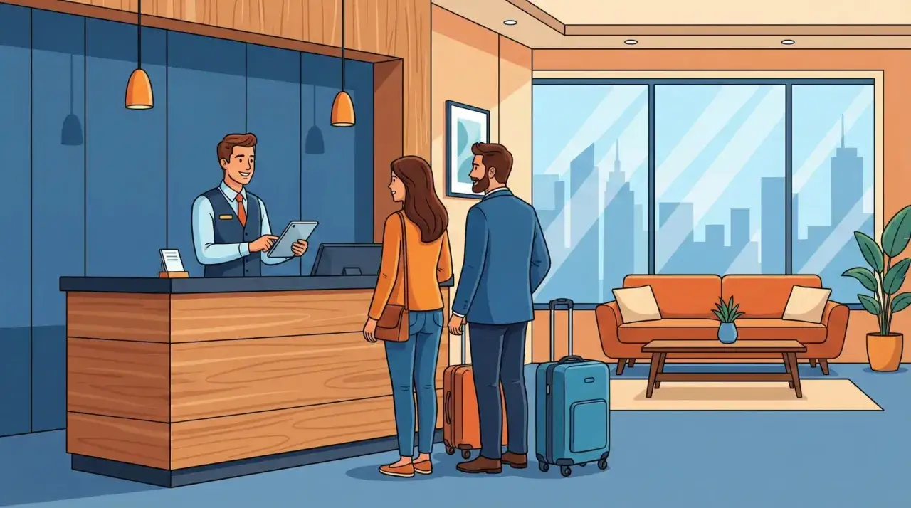 Coppia con valigie al ricevimento per un **early check-in** in hotel. Il receptionist sorride mentre controlla il tablet.