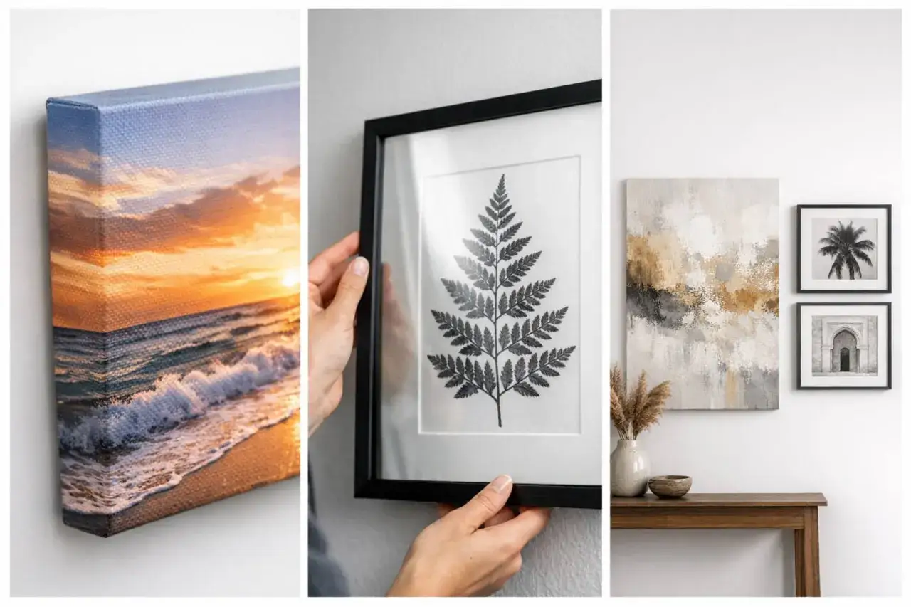 Tres formas de decorar: lienzo de atardecer, hoja enmarcada y composici&oacute;n de cuadros. Ideas para como enmarcar un lienzo.
