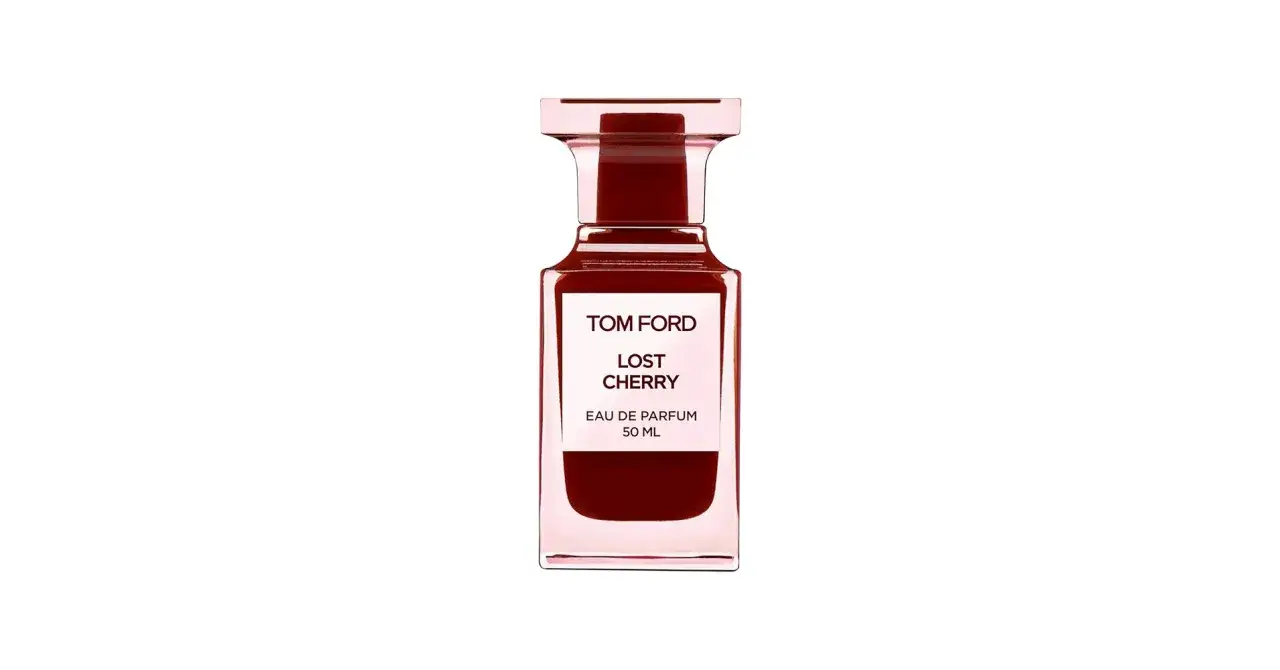 Elegancka butelka perfum Tom Ford Lost Cherry 50 ml, o intensywnym, wiśniowym kolorze.