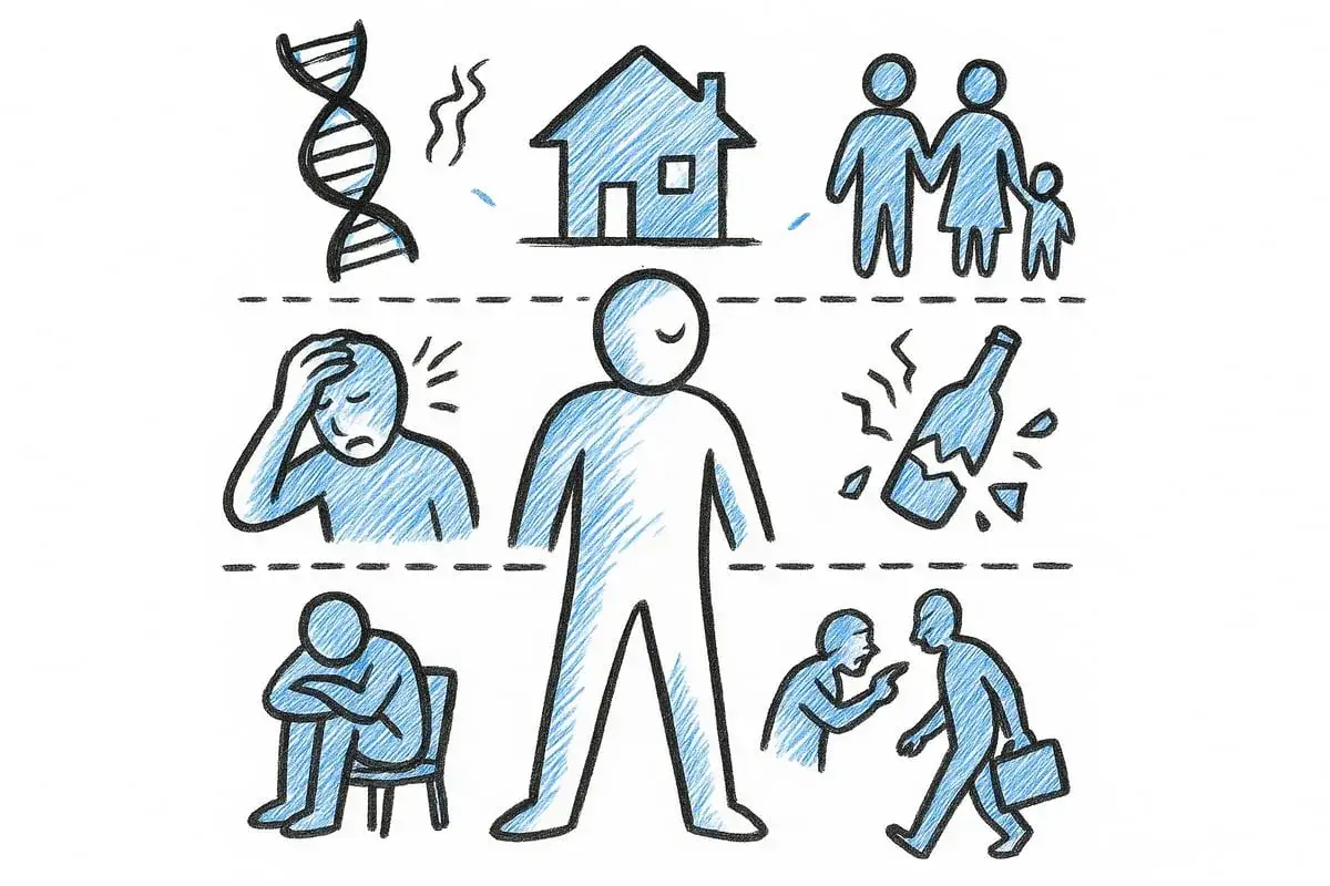 Fattori che influenzano quanto beve un alcolista al giorno: genetica, stress, famiglia, casa, problemi relazionali e una bottiglia rotta.