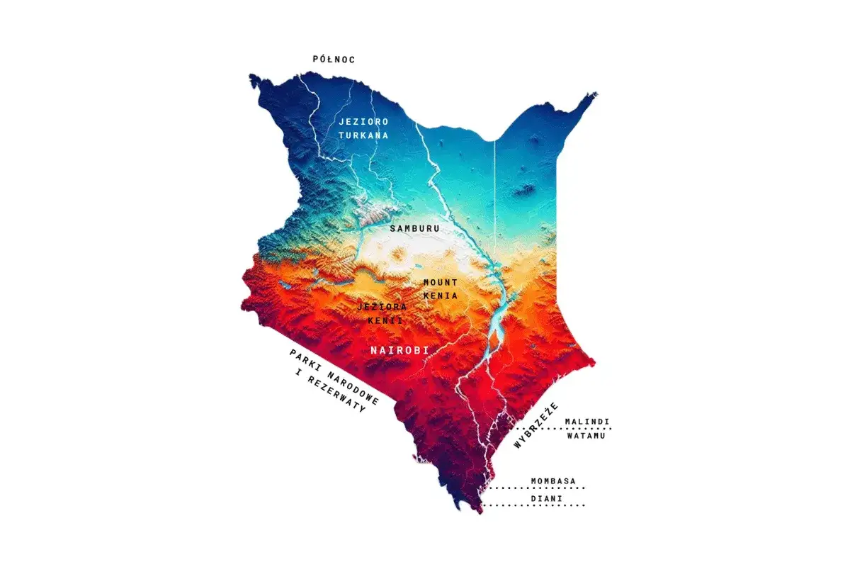 Mapa Kenii z zaznaczonymi jeziorami, górami i miastami. Pokazuje, gdzie leży Kenia, od Jeziora Turkana na północy po wybrzeże z Mombasą na południu.