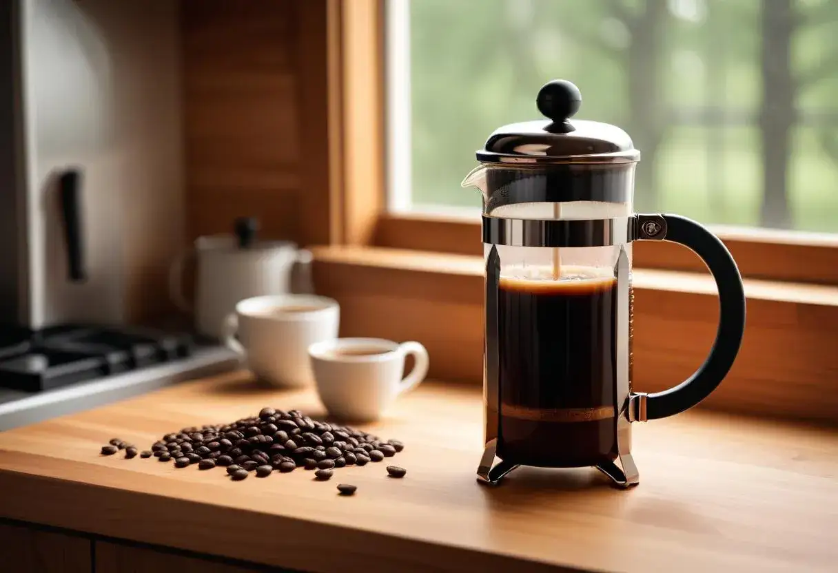 Färskt kaffe till kaffepress, med bönor och koppar i bakgrunden.