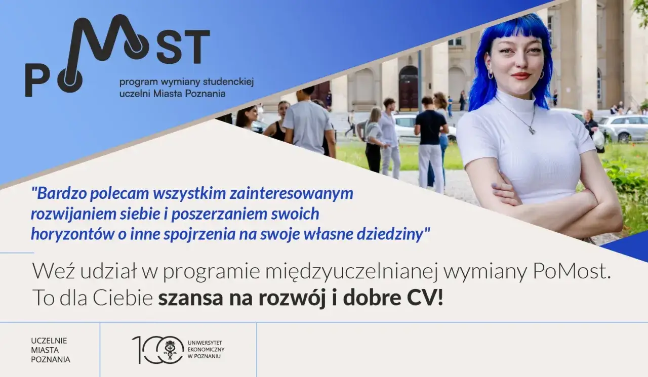 Studentka z niebieskimi włosami zachęca do udziału w programie wymiany PoMost. To szansa na rozwój i lepsze studia w Poznaniu.